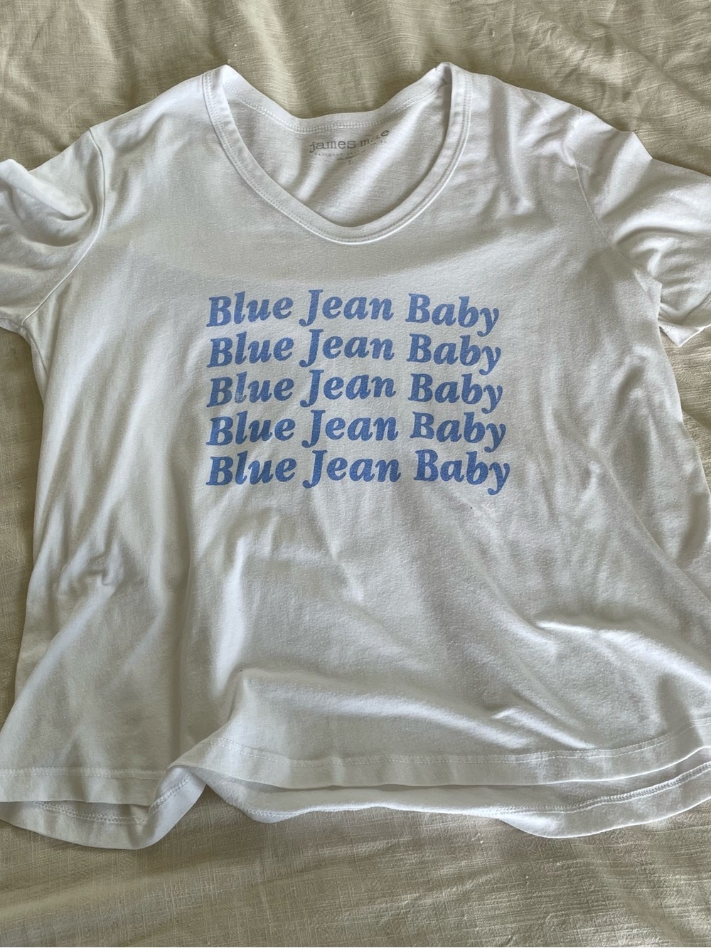 James Mae White Short-Sleeve Tee with Light Blue "Blue Jean Baby" Graphic